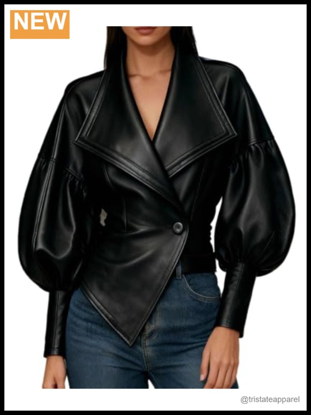 Cropped Faux Leather Jacket Puff Sleeve Lapel Single Button Moto